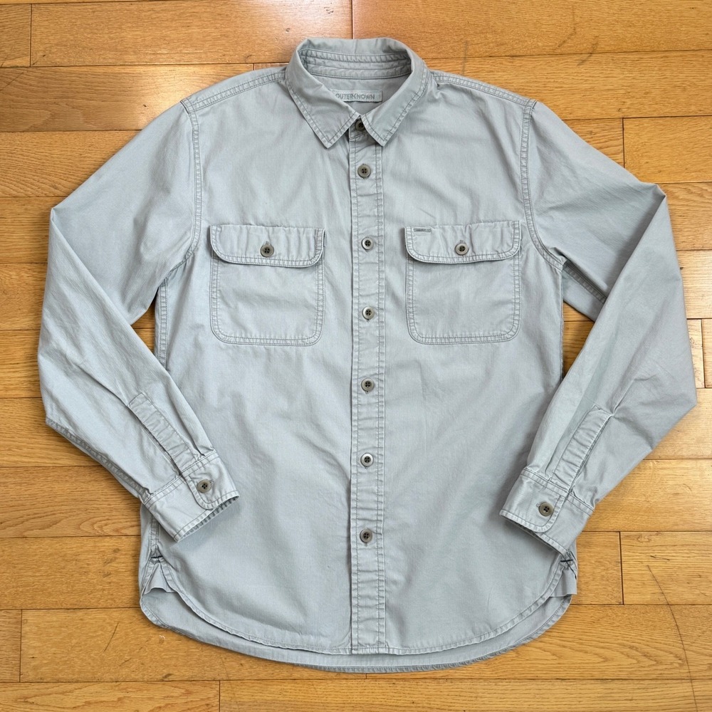 OUTER KNOWN Mens Light Gray Long Sleeve Button‎ Up Shirt Size S Organic Cotton